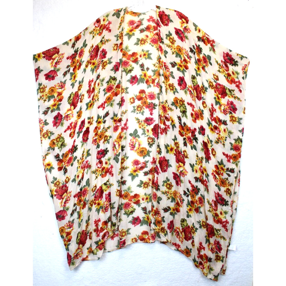Aruba Blue Kimono Cover Up Open Tunic Women OS Beige Pink Floral Beachy Boho